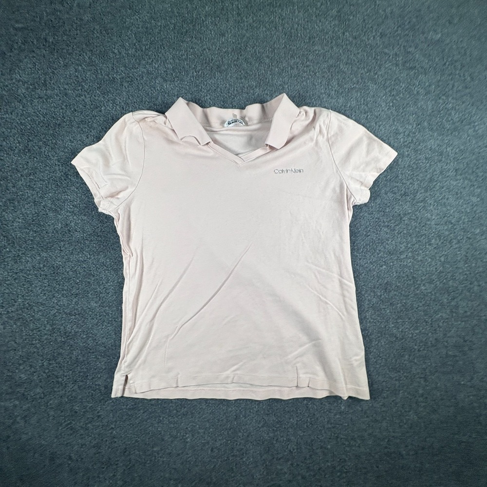 Calvin Klein Polo Shirt Women Large Pale Pink Logo Stretch‎ Cotton Johnny Collar
